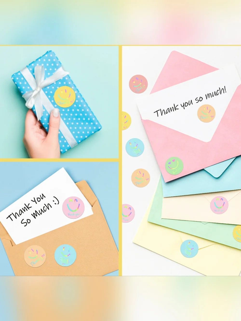 150 Holographic Pastel Thank You Smiley Sticker Labels 1.5